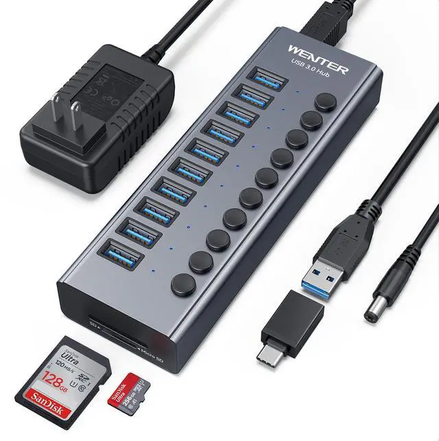 Alt view image 8 of 14 - Powered USB 3.0 Hub, 10 Ports 36W Powered USB Hub, Aluminum USB Splitter with Individual On/Off Switches, SD/TF Card Readers and 12V/3A Power Adapter for PC/Laptops/MacBook Pro/Air/iMac/iPad