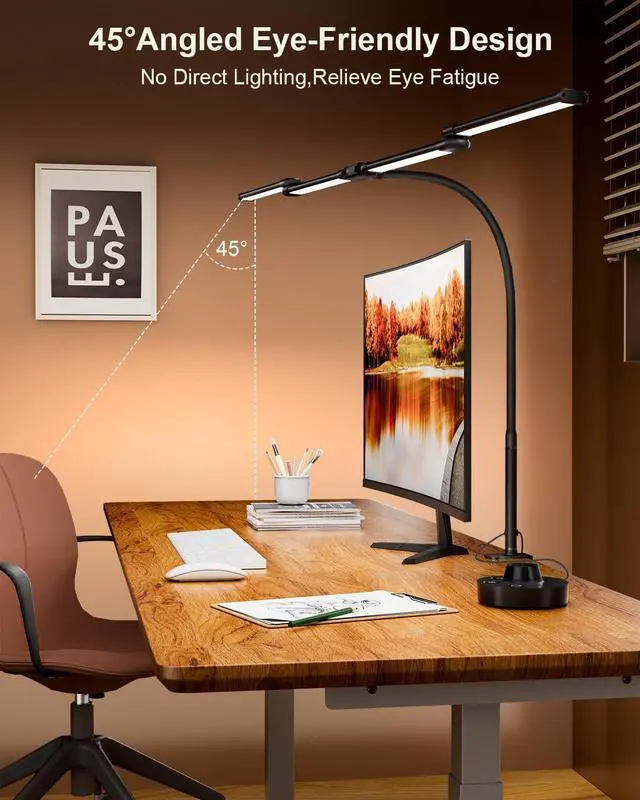 Alt view image 13 of 14 - Desk Lamp Clamp Light 24W, Ultra Wide 4 Head Bars, 5 Color Modes Dimming, Multi-Screen Setup Desk Light for Office, Architect (Black, Adapter Included)