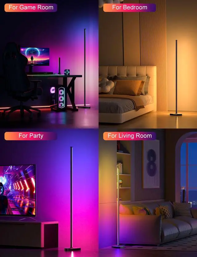 Alt view image 12 of 14 - Corner Floor Lamp, 57.5" LED Corner Lamp with APP and Remote Control, 16 Million Colors & Dynamic Modes, Music Sync, Timing Function, Color Changing Ambient Light for Living Room, Bedroom, Gaming