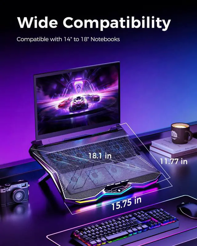 Alt view image 13 of 14 - Gaming Laptop Cooling Pad with 8 Fans, RGB Computer Stand for 15.6-17.3 Inch Notebook with 7 Height Slots, 2 USB Ports, AA3