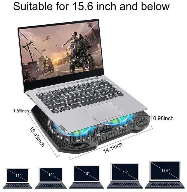 Alt view image 14 of 14 - Laptop Cooling Pad, Gaming Laptop Cooler with 2 Quiet Big Fans, RGB 7 Color Light Change, Portable USB Laptop Stand 11 to 15.6 Inch, Slim and Easy Carry Working Study Outdoor Travel