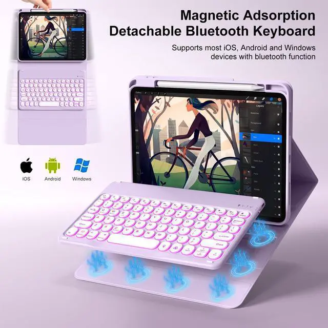 Alt view image 10 of 14 - Keyboard Case for iPad A16 11th Generation 11 Inch 2025, iPad 10th Generation 10.9 Inch 2022, 7 Colors Backlit Wireless Detachable Folio Keyboard Cover with Pencil Holder, Purple