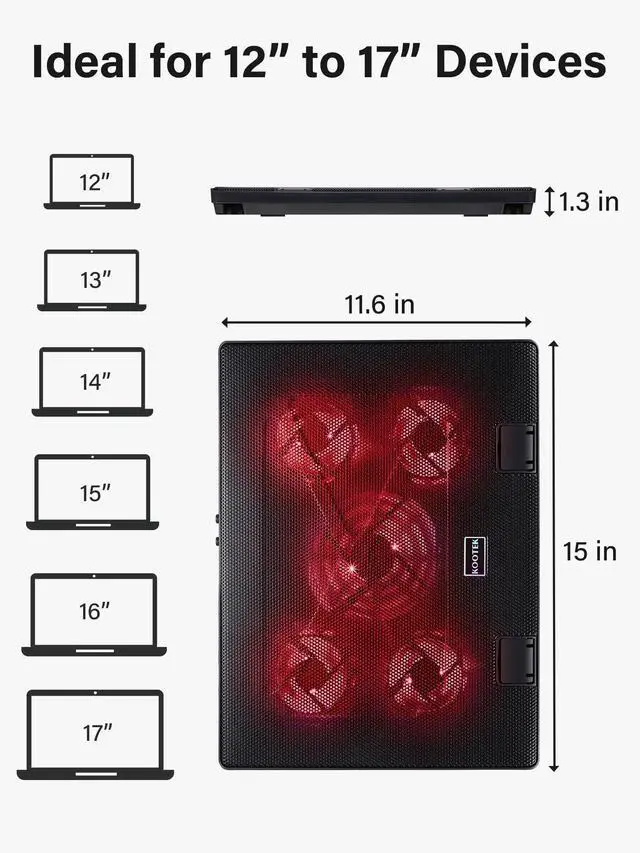 Alt view image 14 of 14 - Laptop Cooling Pad, Laptop Cooler with 5 Quiet Fans for 12"-17" Computer PC Notebook Gaming Laptop Fan, Height Adjustable Laptop Cooling Stand Laptop Accessories, Red