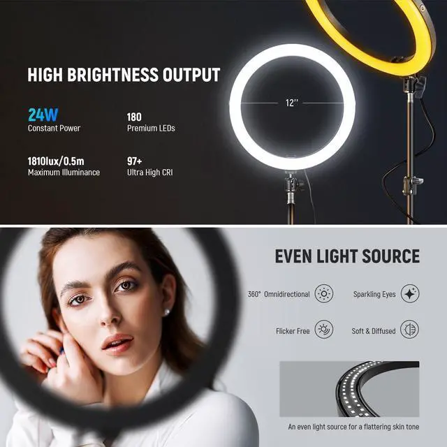 Alt view image 9 of 14 - 12" 24W High Power LED Ring Light with 71" Tripod Stand Phone Holder Compatible with iPhone for Video Recording Makeup Selfie Studio Streaming TikTok, Bi Color Ringlight Lighting, RH12B