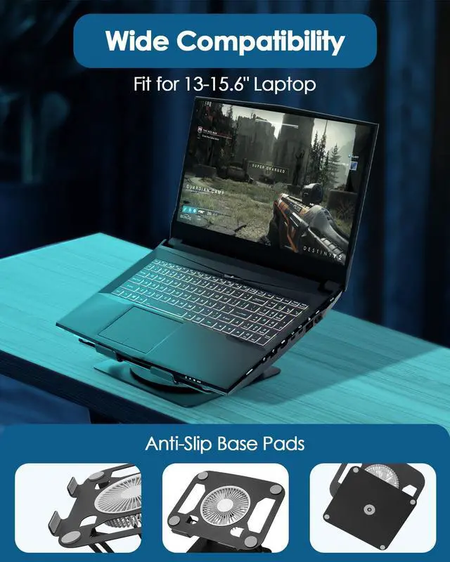 Alt view image 12 of 12 - Laptop Cooling Stand with 3 Speed Fan, Adjustable Height & Angle, 360 Rotation Base, Carbon Steel Framework, Ultra-Quiet & Super Sturdy for up to 16Laptop - Black