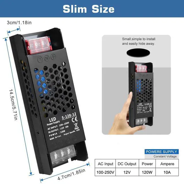Alt view image 9 of 14 - LED Driver 12V 120W 10A Slim LED Power Supply, AC 100-250V to 12V DC Adapter, Constant Voltage Transformer for LED Strip Lights, Bulbs, Garden and Cabinet Lights