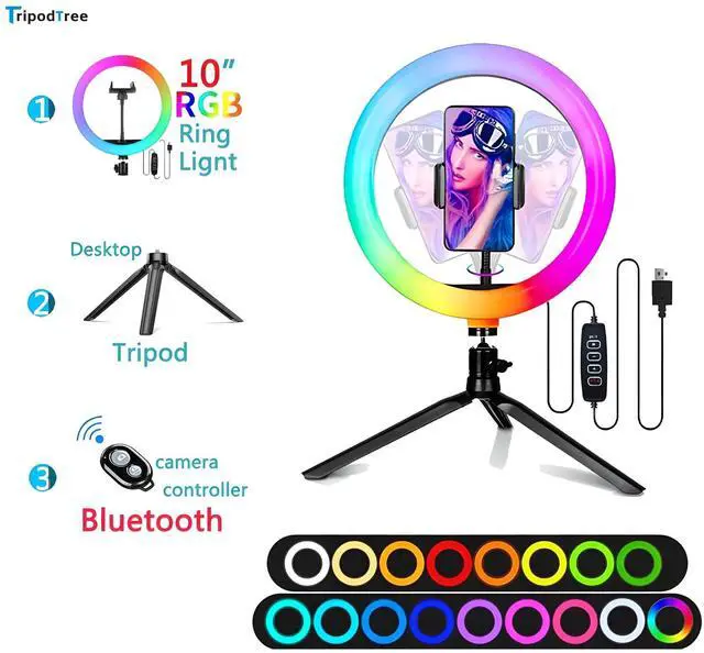 Alt view image 8 of 12 - 10" Selfie Ring Light with 4" Desktop Tripod Stand & 1 Phone Holder, LED Ringlight with Dimmable Modes(RGB) for Makeup/Photography/Videos/Vlog/TikTok (STDLR10-V2)