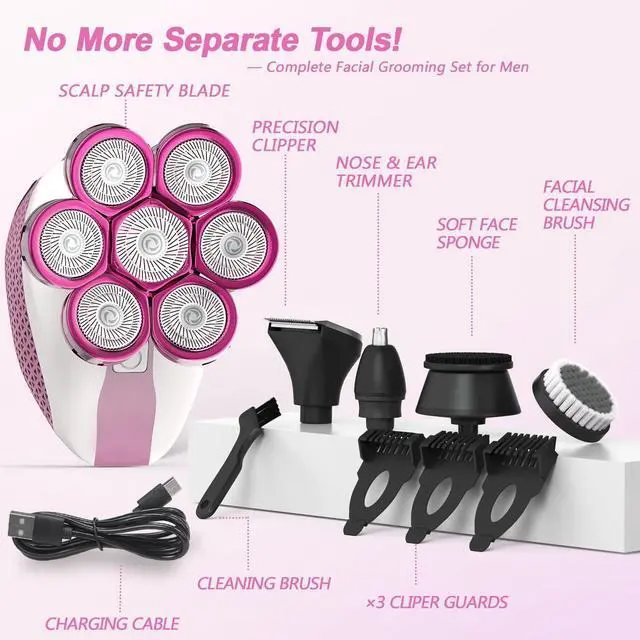 Alt view image 11 of 14 - 7D Head Shavers for Bald Women, Electric shavers for Women with LED Display, Head Shavers for Women Wet&Dry, Professional 5-in-1 Electric Head Shaver Grooming Kit for Hair/Face/BeardPink