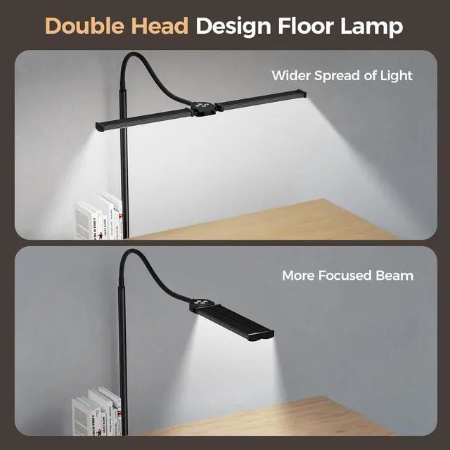 Alt view image 8 of 12 - LED Floor Lamp for Living Room, Bright Reading Lamps for Office, Adjustable Colors Temperatures&Brightness, Dual Head Goose-Neck Standing Lamp, Remote and Button Control, Eye Caring Tall Lamp, Black