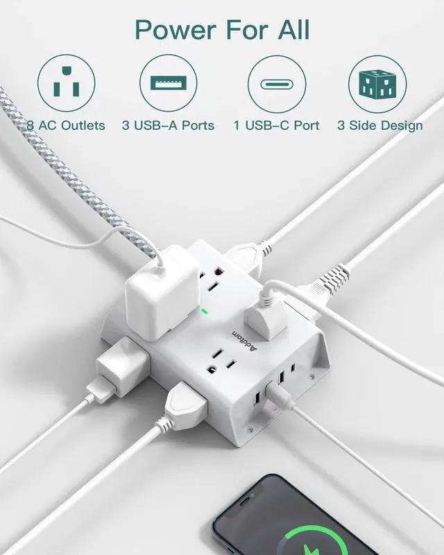 Alt view image 9 of 14 - Surge Protector Power Strip - 8 Widely Outlets with 4 USB Ports(1 USB C Outlet), Addtam 3-Side Outlet Extender Strip with 5Ft Extension Cord, Flat Plug, Wall Mount for Dorm Home Office, ETL Listed