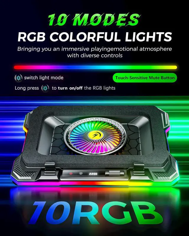 Alt view image 9 of 12 - RGB Gaming Laptop Cooling Pad with 5.5" Turbo Fan, Rapid Cooling for 15.6-19.3" Laptops, Variable Speed Control, 7 Adjustable Heights - K1 5V RGB
