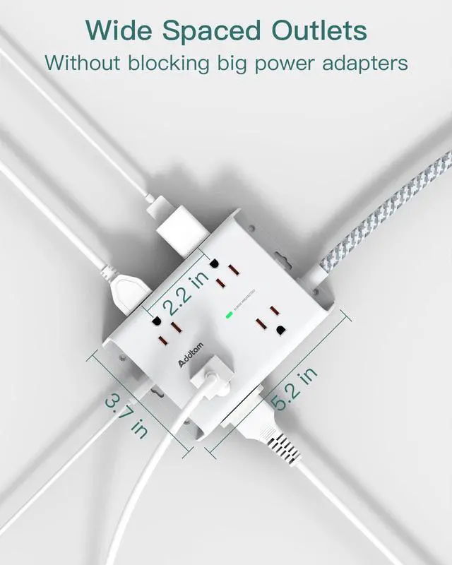 Alt view image 10 of 14 - Surge Protector Power Strip - 8 Widely Outlets with 4 USB Ports(1 USB C Outlet), Addtam 3-Side Outlet Extender Strip with 5Ft Extension Cord, Flat Plug, Wall Mount for Dorm Home Office, ETL Listed