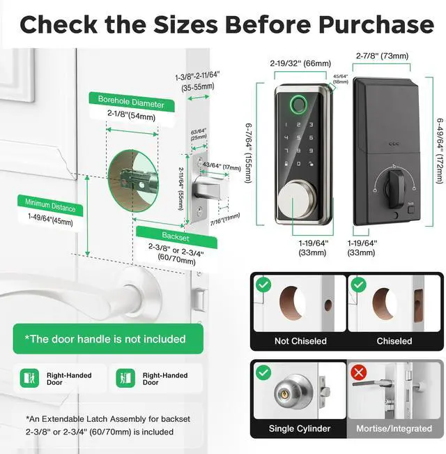 Alt view image 14 of 14 - Keyless Entry Door Lock, Smart Auto Locks for Front Door & Key Fobs & Remote Control, Keypad Deadbolt Digital, Fingerprint Door Lock with Code, Cerraduras Inteligentes, IP68, Satin Nickel