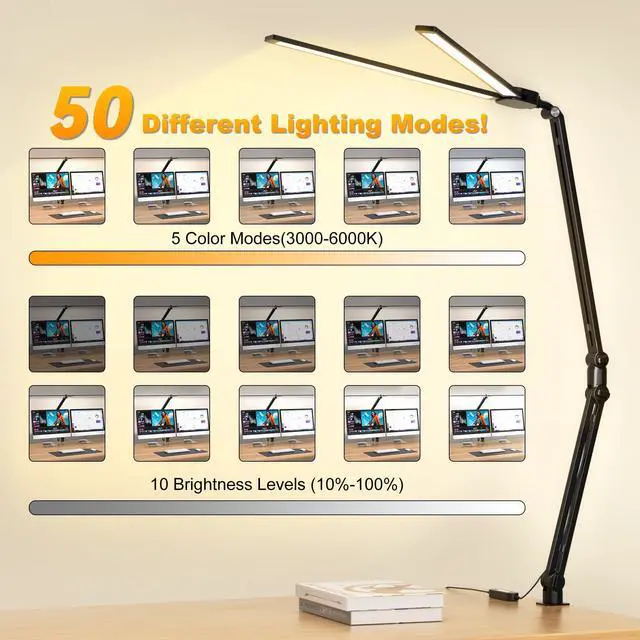 Alt view image 9 of 14 - LED Desk Lamp for Office Home, 31.5" Architect Desk Light with Clamp Dual Screen Computer Monitor, 15W 5 Color X 10 Brightness Levels Desk Lamp for Reading, Study, 1000LM Bright, Memory Function