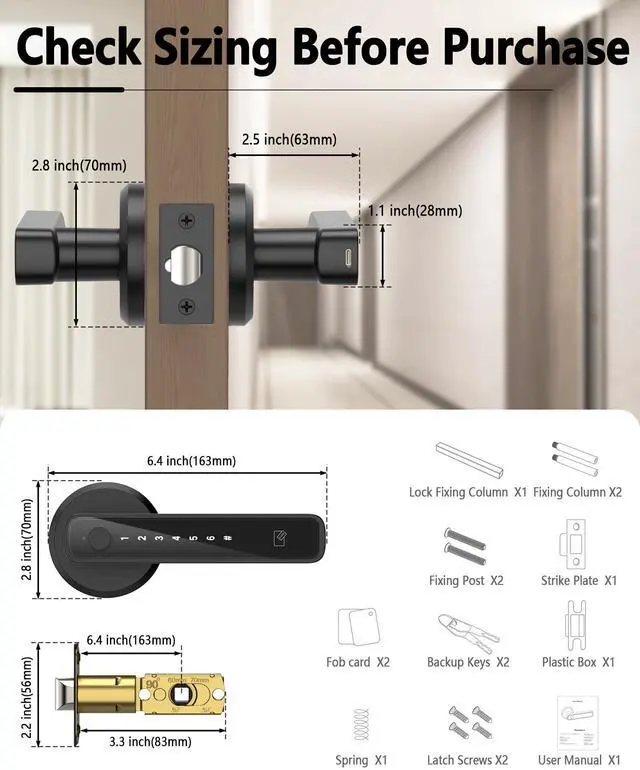 Alt view image 14 of 14 - Smart Fingerprint Door Lock with Keypad Handle - Keyless Entry via Biometric, APP, Code, Keys & Card for Bedroom, Office, Hotel, Apartment - Black