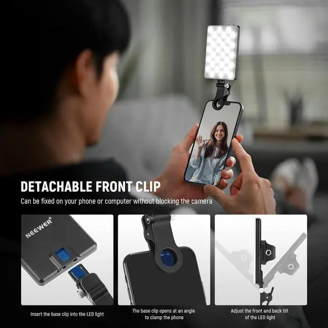 Alt view image 14 of 14 - NL-60AI Selfie Light for Phone with Front & Back Clip, 60 LED 2000mAh Rechargeable CRI95+, 3 Modes, Portable Clip on Fill Lighting for Tablet Computer Laptop Zoom Call TikTok Video