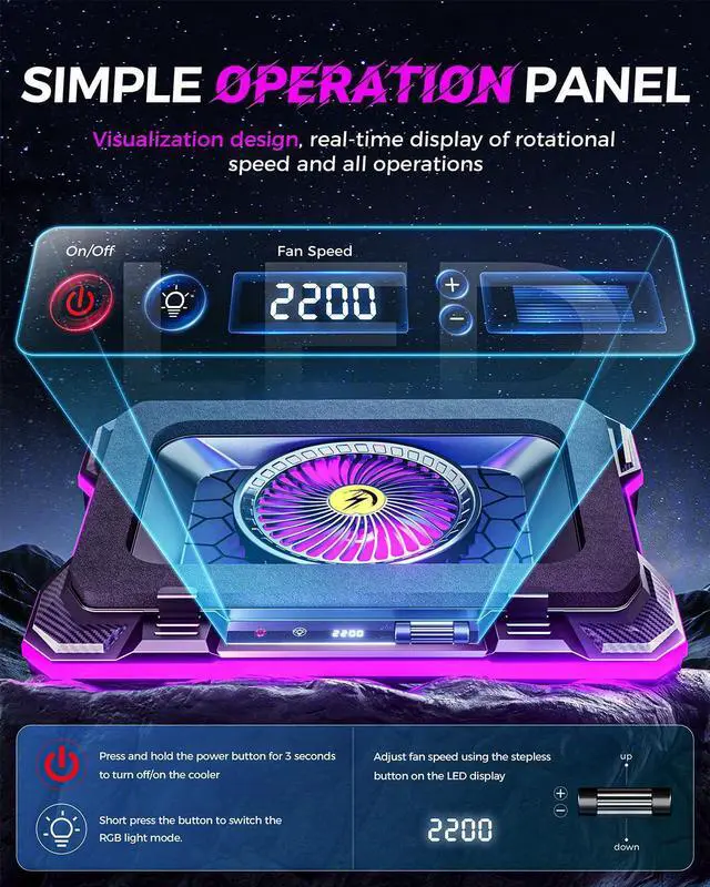 Alt view image 10 of 12 - RGB Gaming Laptop Cooling Pad with 5.5" Turbo Fan, Rapid Cooling for 15.6-19.3" Laptops, Variable Speed Control, 7 Adjustable Heights - K1 5V RGB