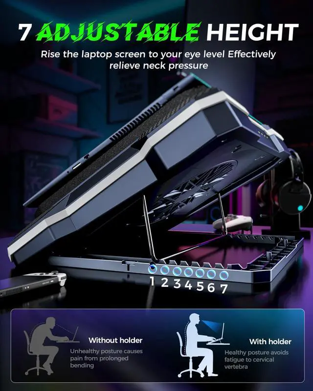 Alt view image 11 of 12 - RGB Gaming Laptop Cooling Pad with 5.5" Turbo Fan, Rapid Cooling for 15.6-19.3" Laptops, Variable Speed Control, 7 Adjustable Heights - K1 5V RGB