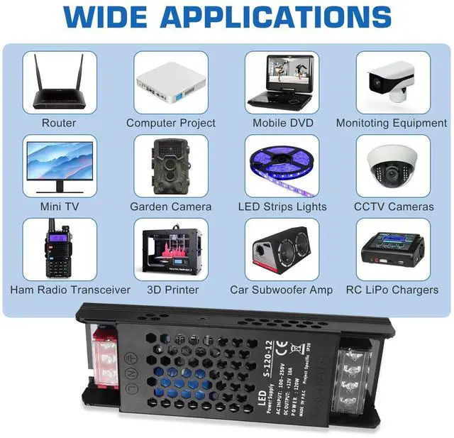 Alt view image 14 of 14 - LED Driver 12V 120W 10A Slim LED Power Supply, AC 100-250V to 12V DC Adapter, Constant Voltage Transformer for LED Strip Lights, Bulbs, Garden and Cabinet Lights