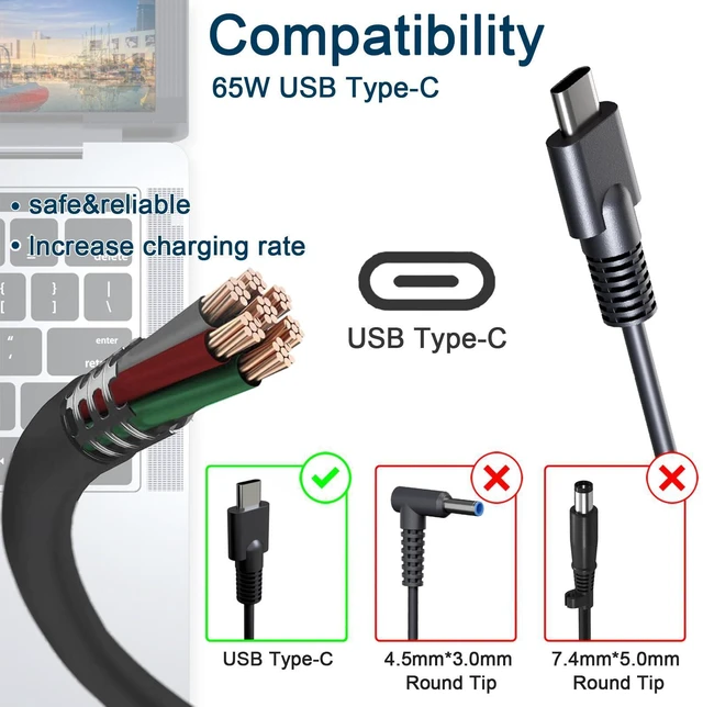 Alt view image 9 of 14 - 65W USB C Charger Fit for HP EliteBook 830 835 840 845 860 865 640 650 655 1040 G8 G9 G10 G11 Probook 440 445 450 455 460 465 G8 G9 G10 G11 Laptop Power Adapter Supply Cord