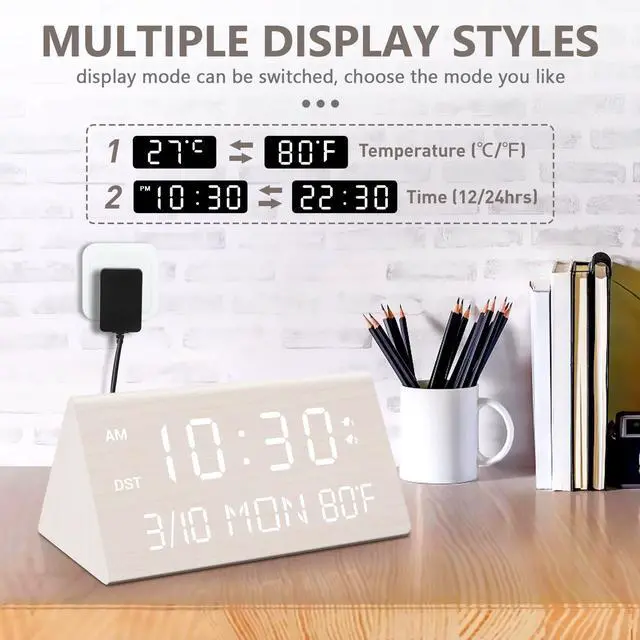 Alt view image 13 of 14 - Wooden Digital Alarm Clock, 0-100% Dimmer, 2 Alarm Settings, Weekday/Everyday Mode, 9 Mins Snooze, 12/24H, Temperature and Date Display for Office, Travel, Bedroom Alarm Clock (White)