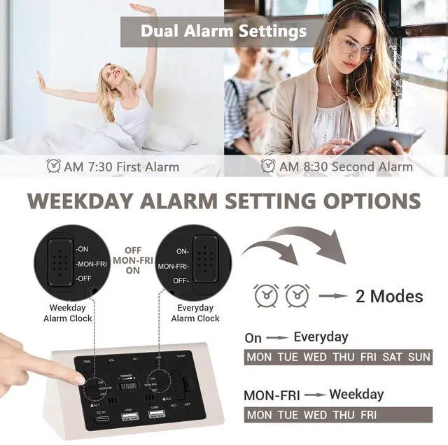 Alt view image 11 of 14 - Wooden Digital Alarm Clock, 0-100% Dimmer, 2 Alarm Settings, Weekday/Everyday Mode, 9 Mins Snooze, 12/24H, Temperature and Date Display for Office, Travel, Bedroom Alarm Clock (White)