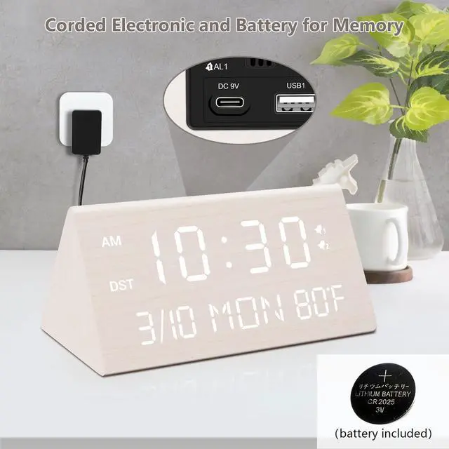 Alt view image 9 of 14 - Wooden Digital Alarm Clock, 0-100% Dimmer, 2 Alarm Settings, Weekday/Everyday Mode, 9 Mins Snooze, 12/24H, Temperature and Date Display for Office, Travel, Bedroom Alarm Clock (White)