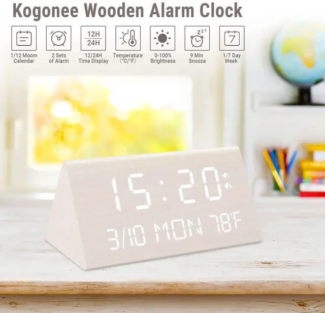 Alt view image 14 of 14 - Wooden Digital Alarm Clock, 0-100% Dimmer, 2 Alarm Settings, Weekday/Everyday Mode, 9 Mins Snooze, 12/24H, Temperature and Date Display for Office, Travel, Bedroom Alarm Clock (White)