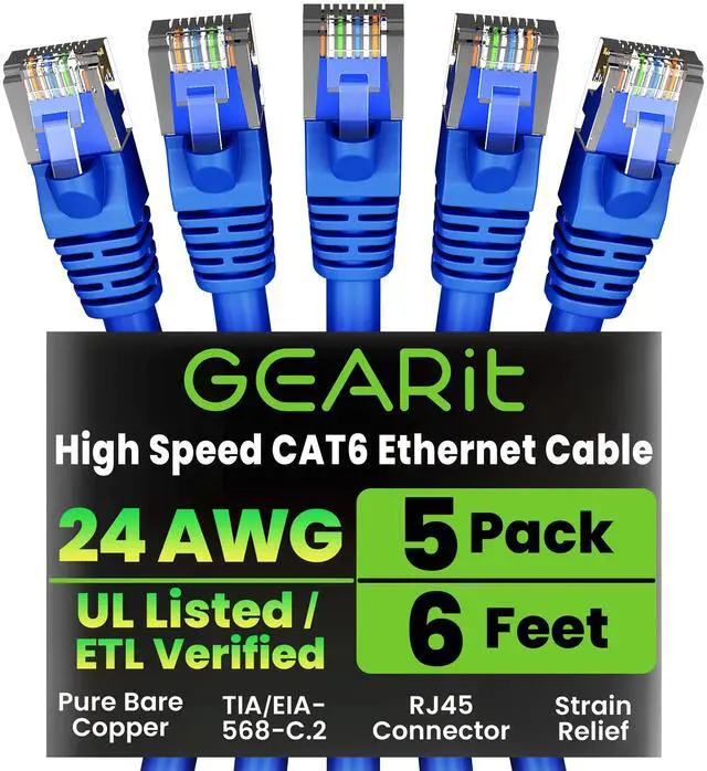 Alt view image 8 of 14 - Cat 6 Ethernet Cable Pack - 5-Pack 6 ft Cat6 Ethernet Patch Cables | RJ45 Network Patch Cable, 10 Gbps Snagless Gold-Plated Connectors - Ethernet Cable Cat 6 for PC, TV, Router - Blue