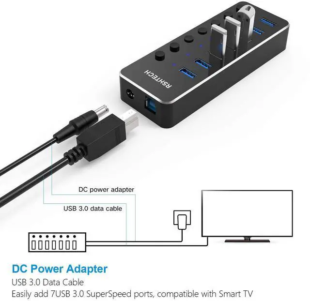 Alt view image 13 of 14 - USB 3.0 Hub, 7 Port Powered USB Hub Expander Aluminum USB 3.0 Data Port hub with Universal 5V AC Adapter and Individual On/Off Switches USB Splitter for Laptop and PC(Black)