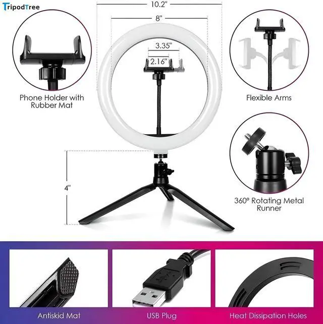 Alt view image 9 of 12 - 10" Selfie Ring Light with 4" Desktop Tripod Stand & 1 Phone Holder, LED Ringlight with Dimmable Modes(RGB) for Makeup/Photography/Videos/Vlog/TikTok (STDLR10-V2)