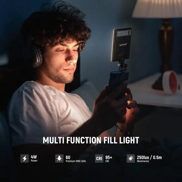 Alt view image 11 of 14 - NL-60AI Selfie Light for Phone with Front & Back Clip, 60 LED 2000mAh Rechargeable CRI95+, 3 Modes, Portable Clip on Fill Lighting for Tablet Computer Laptop Zoom Call TikTok Video