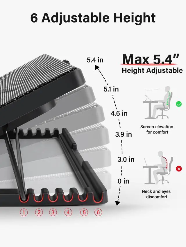 Alt view image 10 of 14 - Laptop Cooling Pad, Laptop Cooler with 5 Quiet Fans for 12"-17" Computer PC Notebook Gaming Laptop Fan, Height Adjustable Laptop Cooling Stand Laptop Accessories, Red
