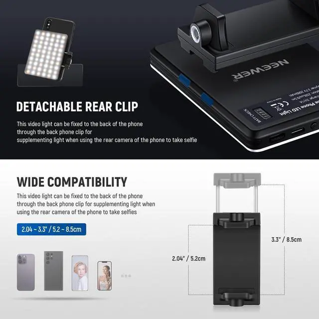 Alt view image 13 of 14 - NL-60AI Selfie Light for Phone with Front & Back Clip, 60 LED 2000mAh Rechargeable CRI95+, 3 Modes, Portable Clip on Fill Lighting for Tablet Computer Laptop Zoom Call TikTok Video