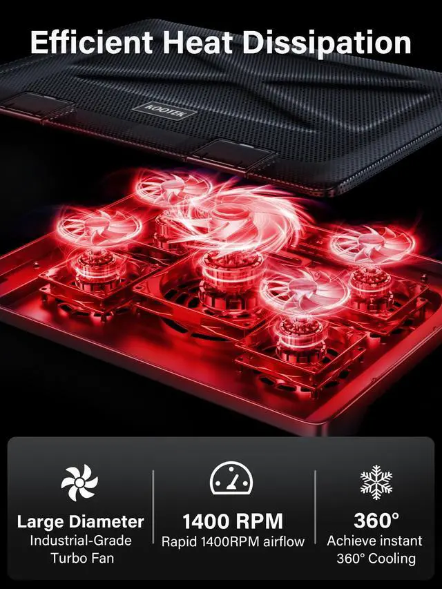 Alt view image 9 of 14 - Laptop Cooling Pad, Laptop Cooler with 5 Quiet Fans for 12"-17" Computer PC Notebook Gaming Laptop Fan, Height Adjustable Laptop Cooling Stand Laptop Accessories, Red