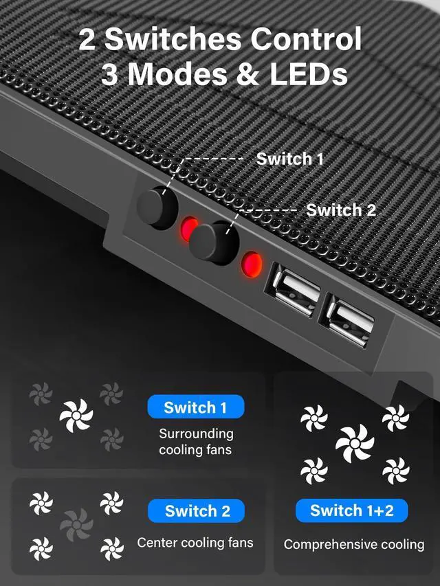 Alt view image 11 of 14 - Laptop Cooling Pad, Laptop Cooler with 5 Quiet Fans for 12"-17" Computer PC Notebook Gaming Laptop Fan, Height Adjustable Laptop Cooling Stand Laptop Accessories, Red