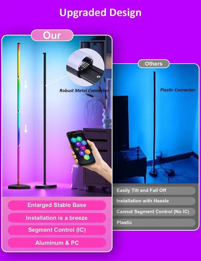 Alt view image 10 of 14 - Corner Floor Lamp, 57.5" LED Corner Lamp with APP and Remote Control, 16 Million Colors & Dynamic Modes, Music Sync, Timing Function, Color Changing Ambient Light for Living Room, Bedroom, Gaming
