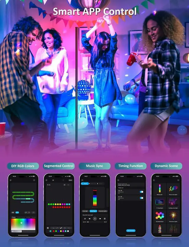 Alt view image 11 of 14 - Corner Floor Lamp, 57.5" LED Corner Lamp with APP and Remote Control, 16 Million Colors & Dynamic Modes, Music Sync, Timing Function, Color Changing Ambient Light for Living Room, Bedroom, Gaming