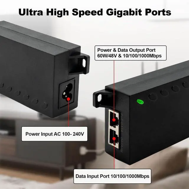 Alt view image 10 of 14 - 60W Gigabit PoE++ Injector - 10/100/1000Mbps, RJ-45 Shielded, IEEE 802.3af/at/bt Compliant, PoE Switch Powerline Network Adapter for High Power Ethernet Devices, Up to (328 FT) 100M