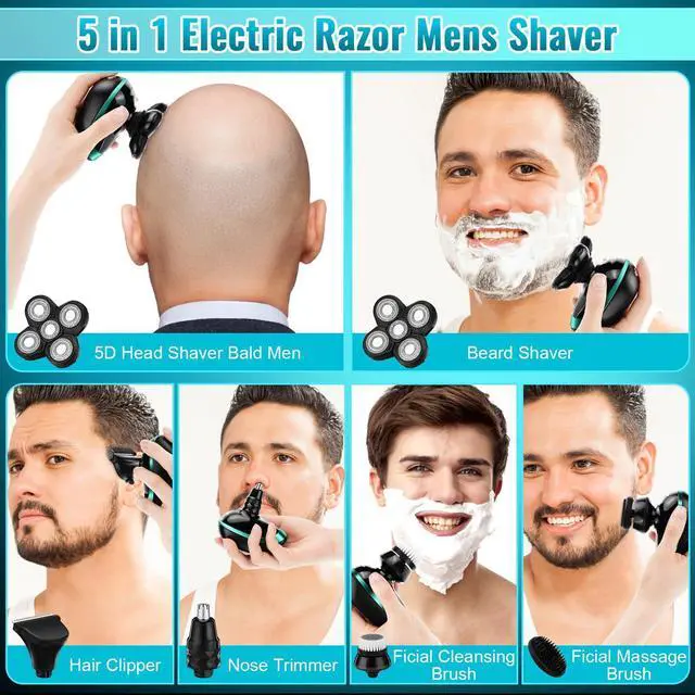 Alt view image 9 of 14 - Head Shavers for Bald Men, 5D Electric Razor 5 in 1 Waterproof Display Mens Shaver for Wet Dry Electric Skull Shavers with LED Lights Nose Hair Sideburns Trimmer and Face Cleaning Brush