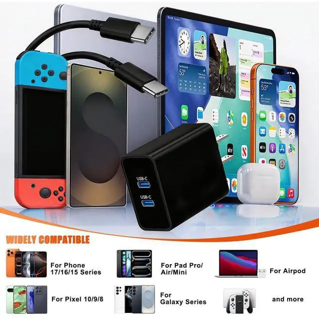 Alt view image 13 of 14 - 45W Dual Type C Charger Fast Charging for Samsung,PD 3.0 GaN Super Fast Android Phone Charger Block with Long USB C Cable 10FT/6FT for Galaxy S25/S25 Ultra/S25+/S24+/S23/S22/for iPhone 17/16/15 Series