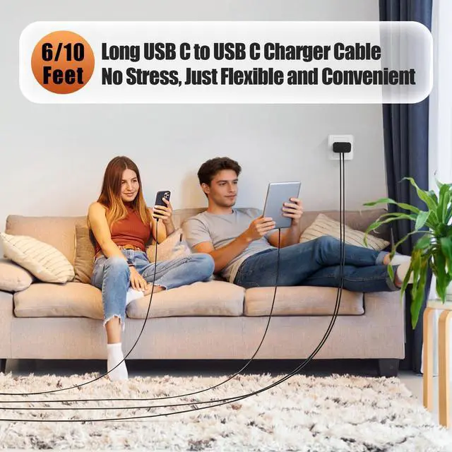 Alt view image 14 of 14 - 45W Dual Type C Charger Fast Charging for Samsung,PD 3.0 GaN Super Fast Android Phone Charger Block with Long USB C Cable 10FT/6FT for Galaxy S25/S25 Ultra/S25+/S24+/S23/S22/for iPhone 17/16/15 Series
