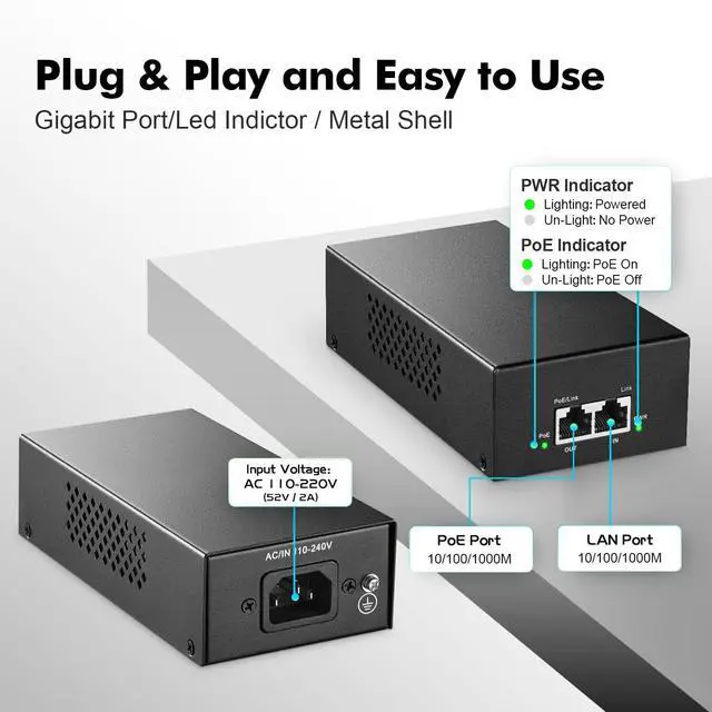 Alt view image 11 of 14 - Gigabit PoE+ Injector 90W, 802.3af/at/bt Power Over Ethernet Metal PoE Adapter, 10/100/1000Mbps, Non-PoE to PoE Adapter, Plug & Play, Distance Up to 100 Meters (328 ft.)