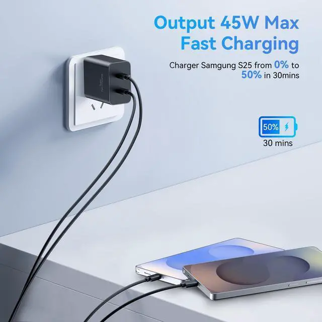 Alt view image 9 of 14 - 45W Samsung Super Fast Charger,2Pack Dual Port Samsung Charger Fast Charging,Quick Double Type C Android Phone Charger Block 10FT Long USB C Cable for Samsung Galaxy S26 Ultra/S26+/S25/S24/S23/S22/S21