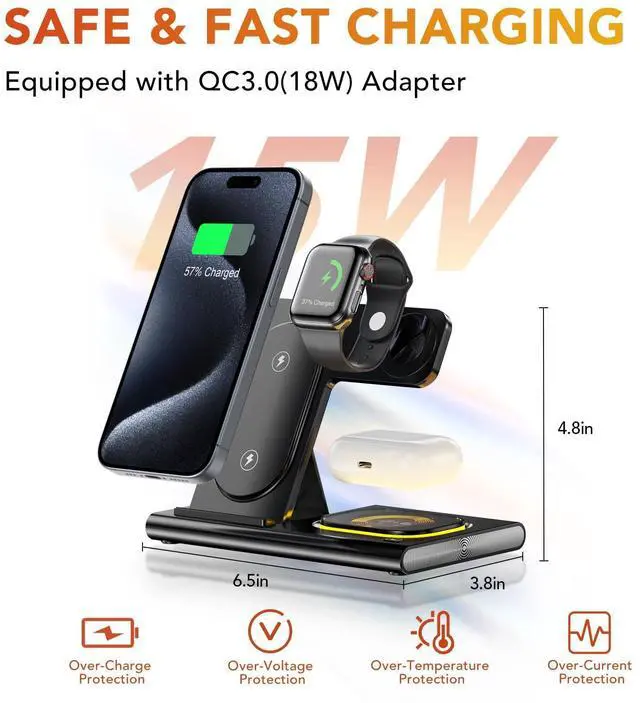 Alt view image 12 of 14 - 3 in 1 Charging Station for iPhone 17 - Wireless Charger for Apple Devices for iPhone 17 16 15 14 13 12 11 Pro Max - Foldable Wireless Charging Station Dock Stand for Apple Watch Series & AirPods