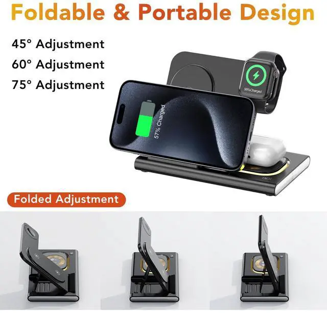 Alt view image 14 of 14 - 3 in 1 Charging Station for iPhone 17 - Wireless Charger for Apple Devices for iPhone 17 16 15 14 13 12 11 Pro Max - Foldable Wireless Charging Station Dock Stand for Apple Watch Series & AirPods