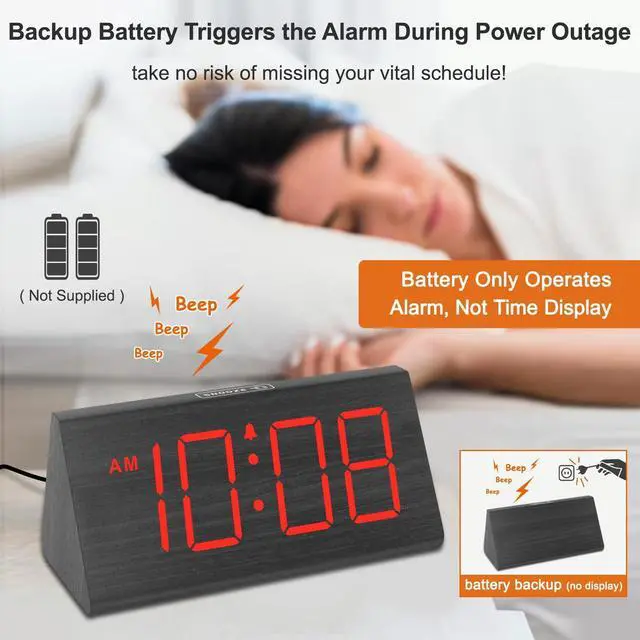 Alt view image 10 of 14 - Wooden Digital Alarm Clocks for Bedrooms - Electric Desk Clock with Large Red Numbers, USB Port, Battery Backup Alarm, Adjustable Volume, Wood Décor, Dimmer, Snooze, DST (Adapter Powered)