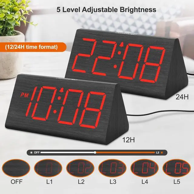 Alt view image 11 of 14 - Wooden Digital Alarm Clocks for Bedrooms - Electric Desk Clock with Large Red Numbers, USB Port, Battery Backup Alarm, Adjustable Volume, Wood Décor, Dimmer, Snooze, DST (Adapter Powered)