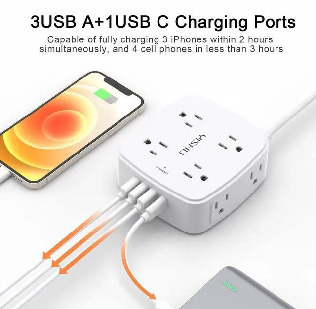 Alt view image 11 of 14 - 10 Ft Surge Protector Power Strip - 3 Side Outlet Extender with 8 Widely AC Outlets and 4 USB Ports, 10 Feet Extension Cord with Flat Plug, Wall Mount Desk USB Charging Station, ETL,White