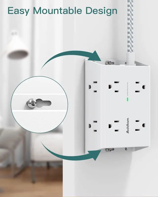 Alt view image 13 of 14 - Surge Protector Power Strip - 8 Widely Outlets with 4 USB Ports(1 USB C Outlet), Addtam 3-Side Outlet Extender Strip with 5Ft Extension Cord, Flat Plug, Wall Mount for Dorm Home Office, ETL Listed